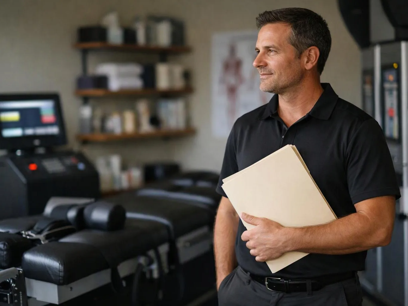 A man in a black polo holds a folder beside exercise machines in a gym-like room