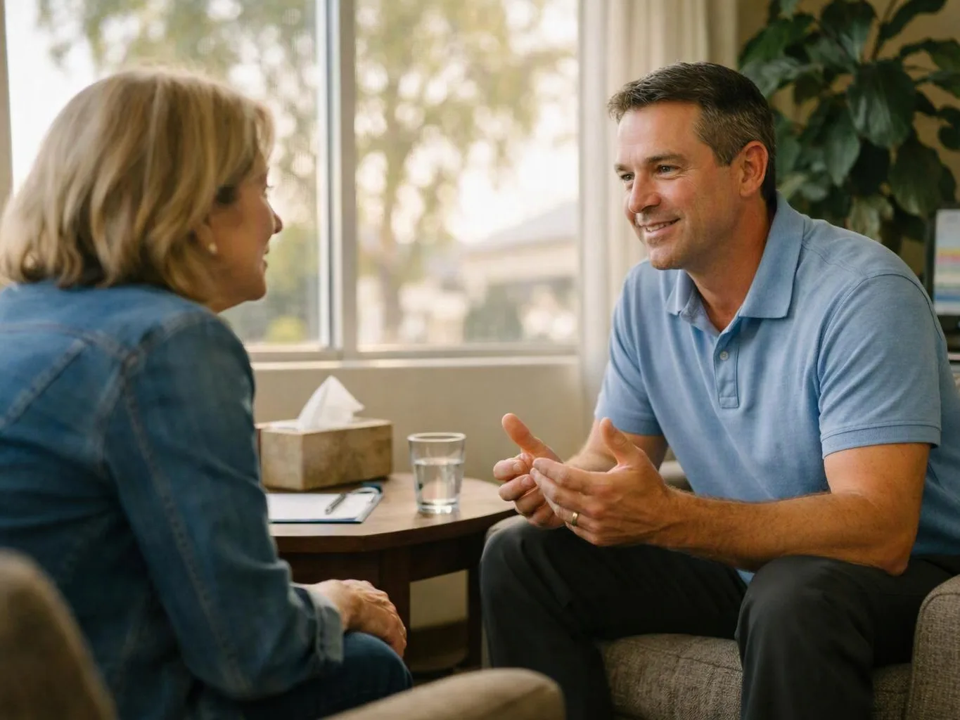 A man in a blue polo talks with a woman across a small table in a bright office