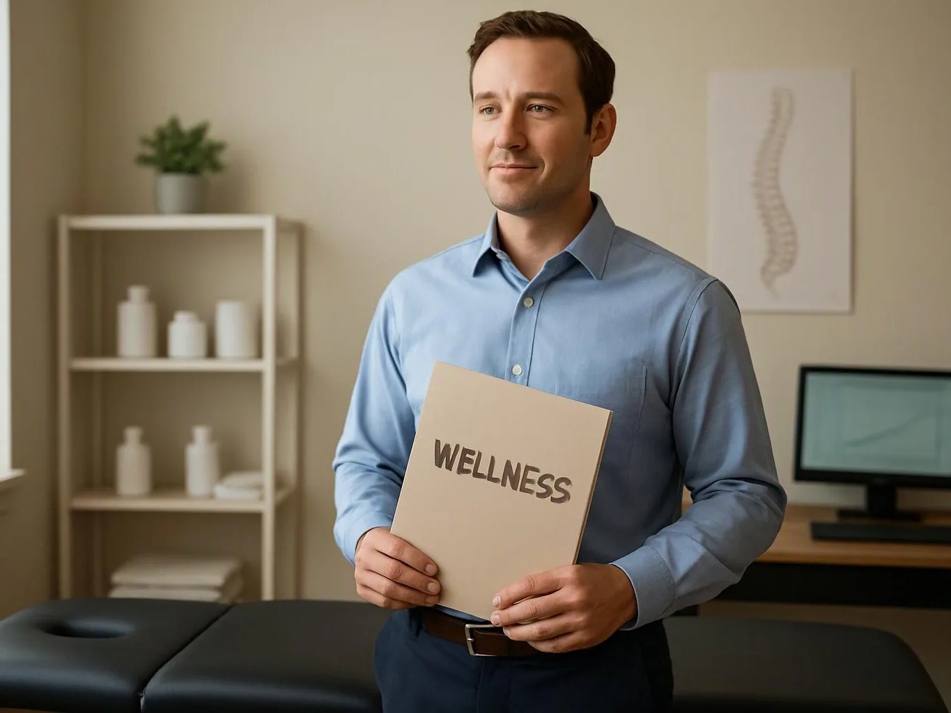 A man in a blue shirt holds a folder labeled “WELLNESS” beside a massage table in a tidy office