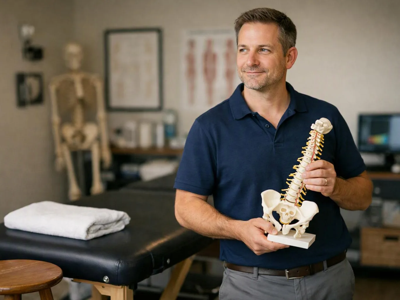 A man in a clinic room holds a spine model beside a treatment table and folded towel
