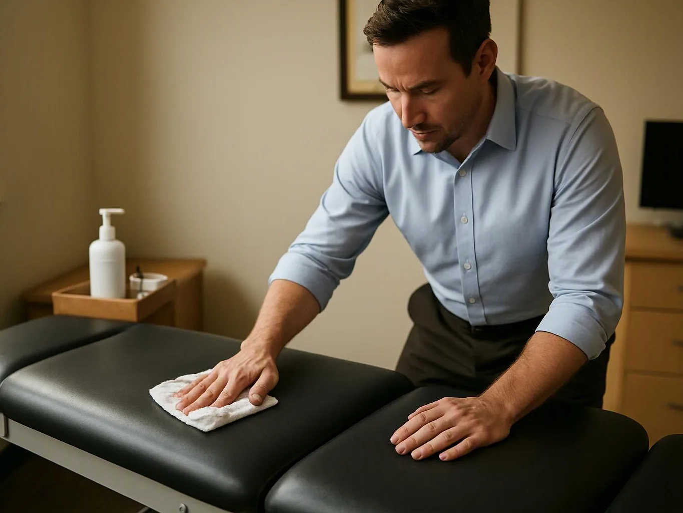 A man in a dress shirt wipes a black padded treatment table with a white cloth in a small room