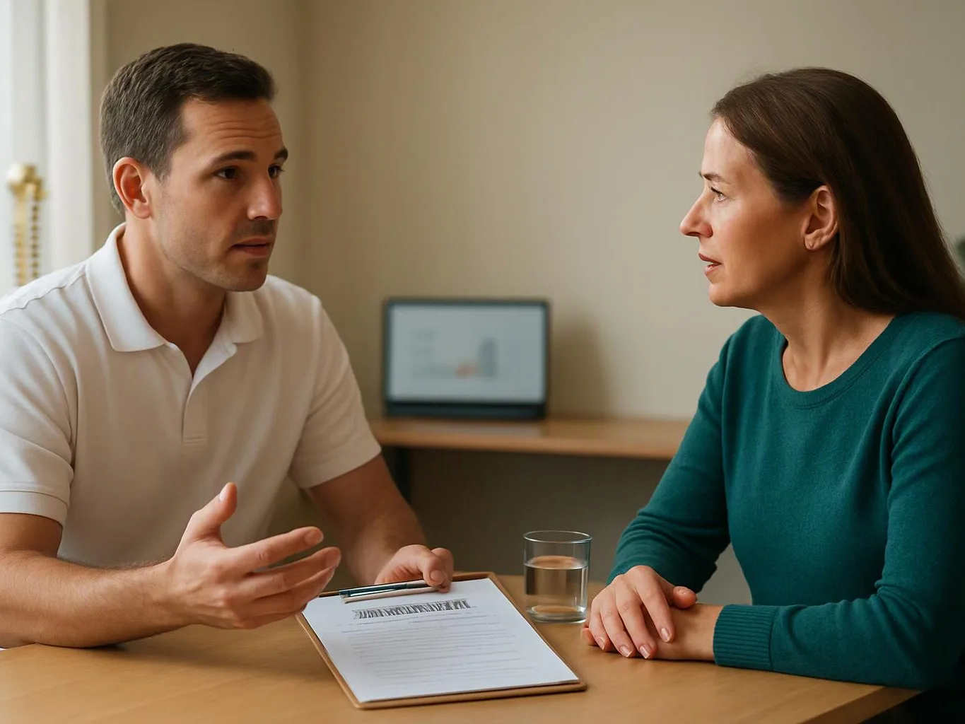 A man explains a document to a woman across a table in a quiet room