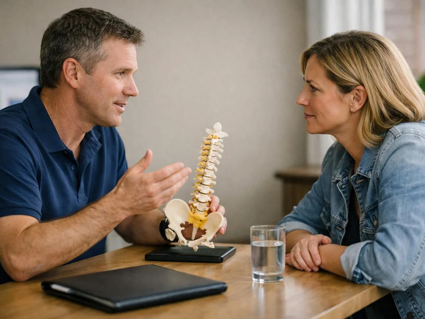 A man explains a spine model to a woman across a table in a bright room