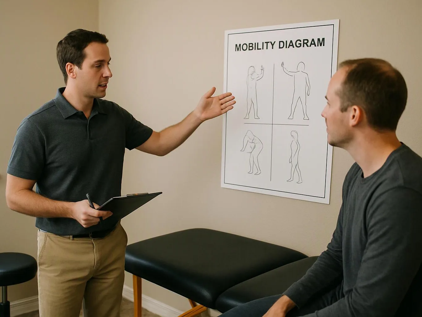 A man gestures beside a mobility diagram while another man sits on a treatment table in a clinic room