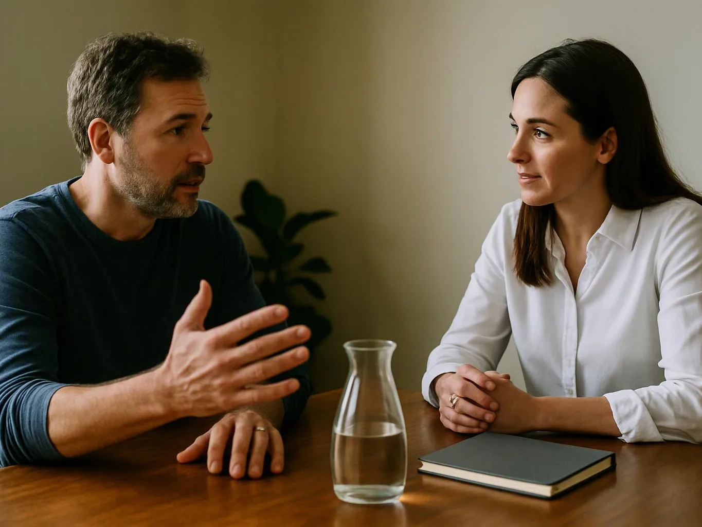 A man gestures while speaking to a woman across a table with a glass carafe and notebook