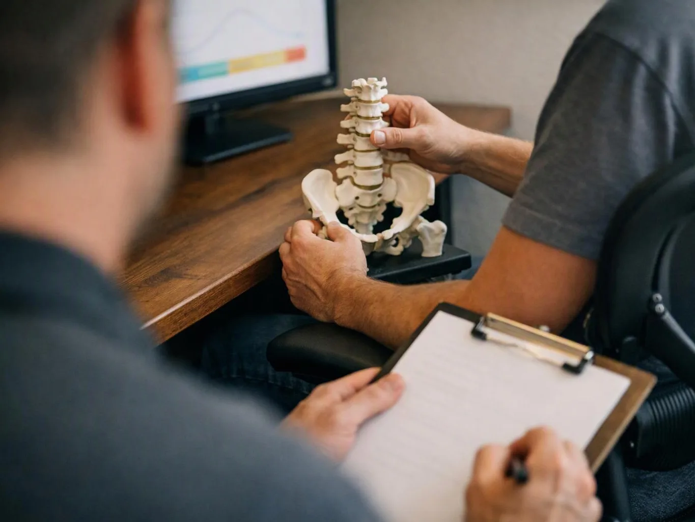 A man holds a spine model at a desk while another person takes notes nearby