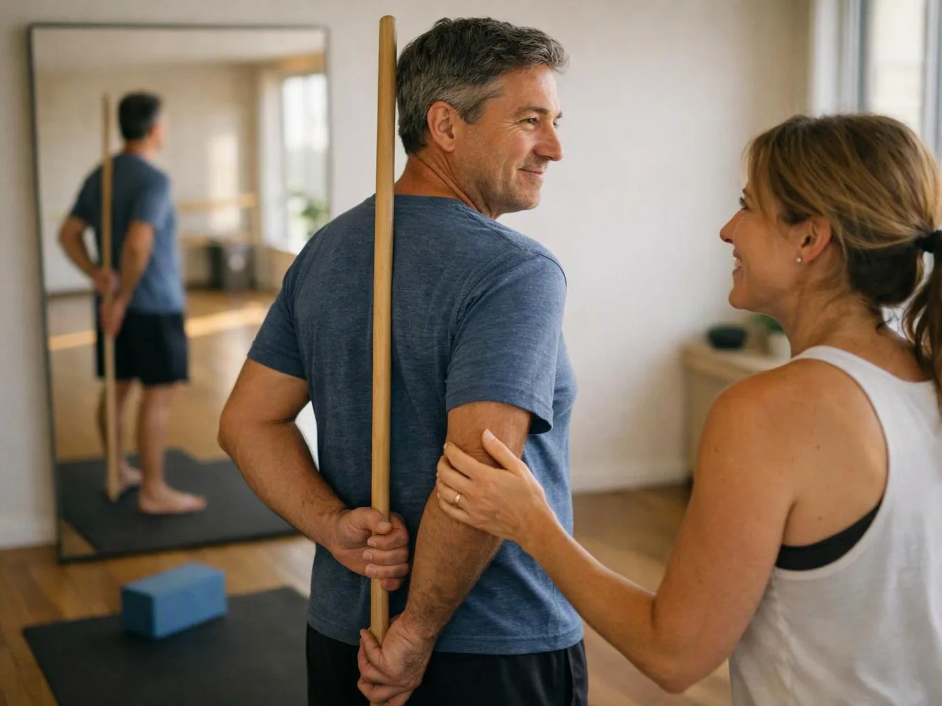 A man holds a wooden pole behind his back while a woman smiles and supports his arm in a bright exercise room