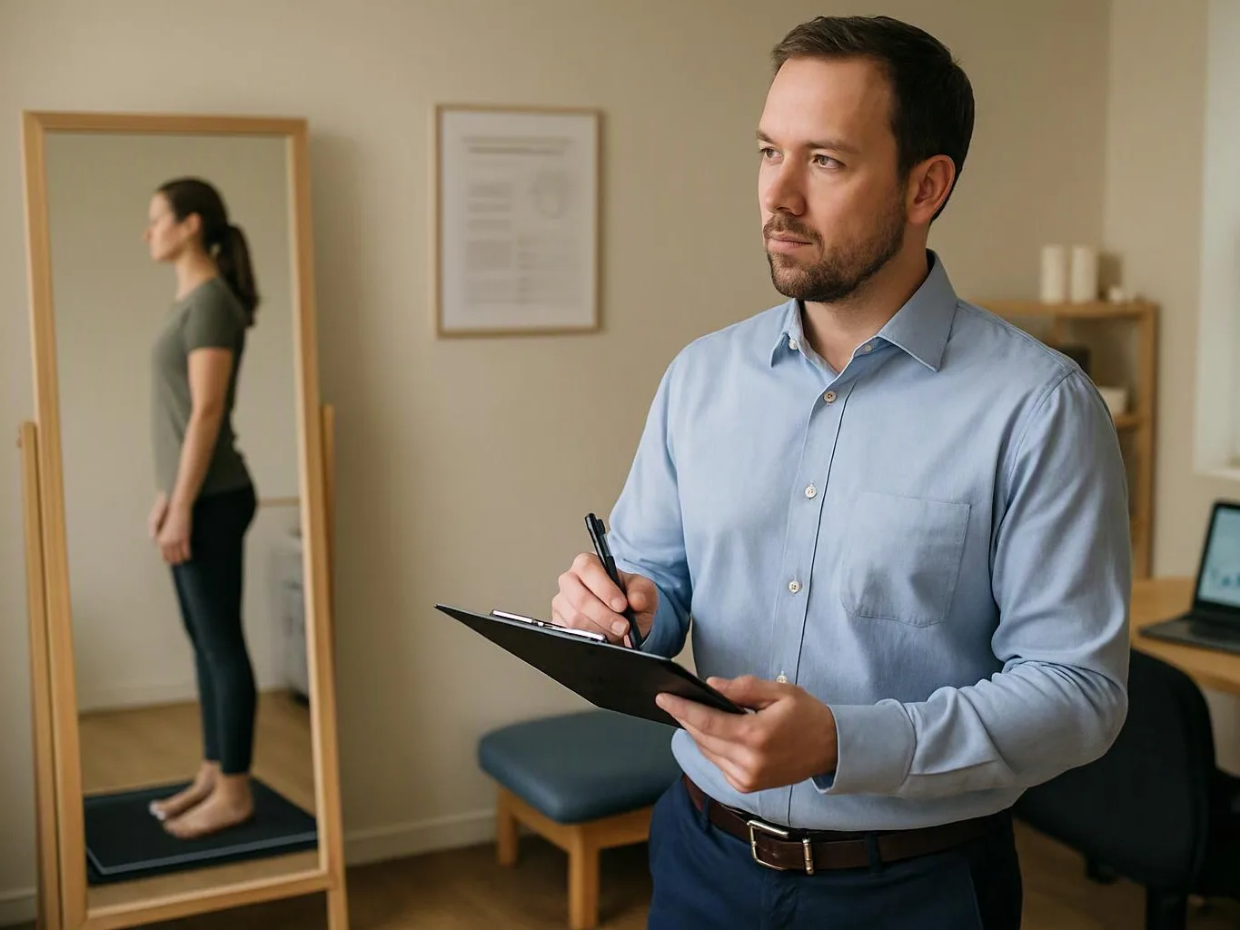 A man in a light blue shirt writes on a clipboard while a woman stands beside a mirror in a quiet room