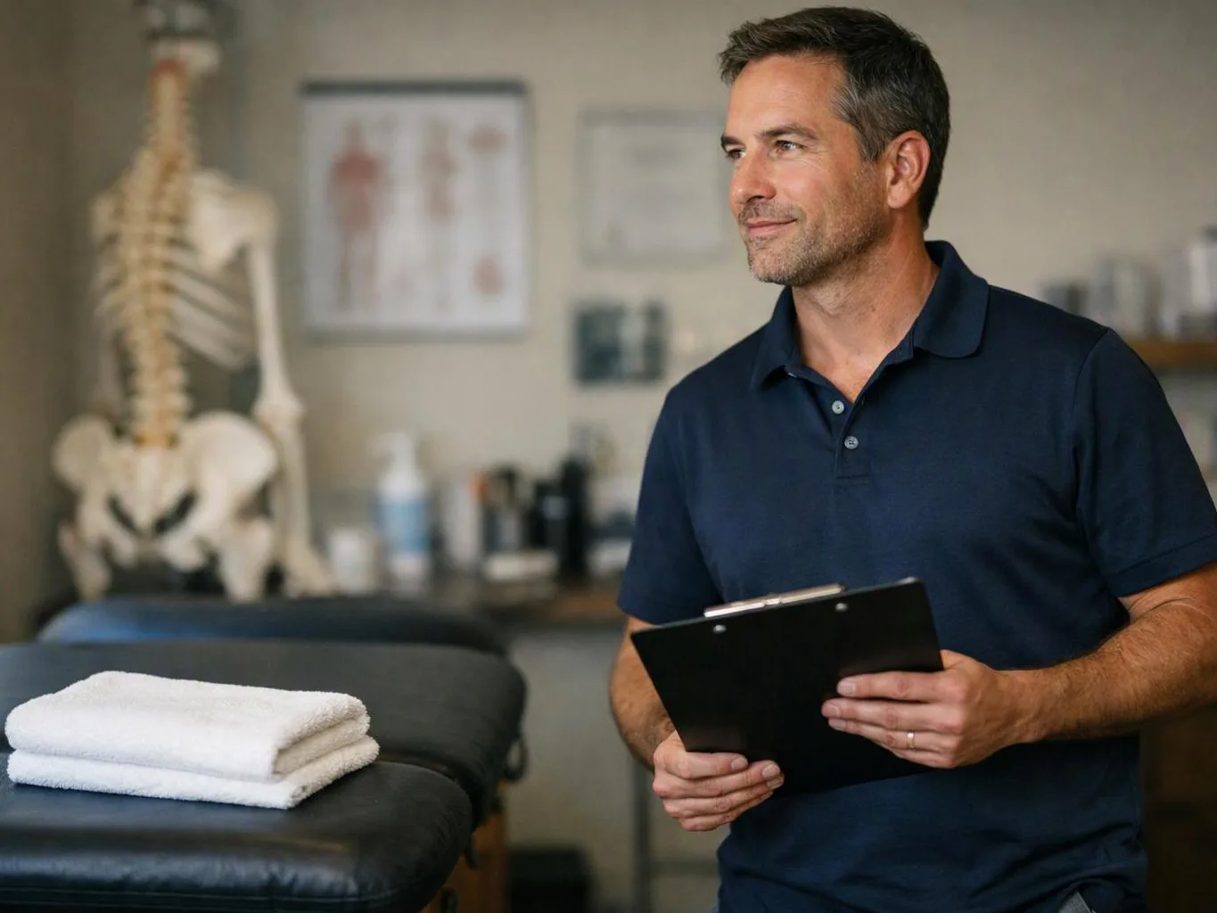 A man in a navy polo holds a clipboard beside a massage table with folded towels in a clinic room