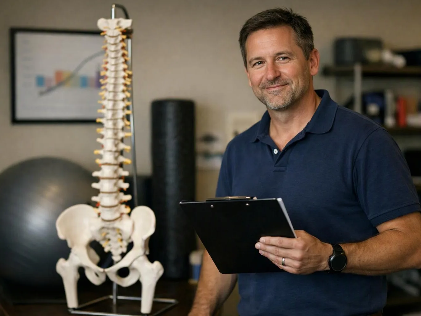 A man in a navy polo smiles while holding a clipboard beside a spine model in a clinic room