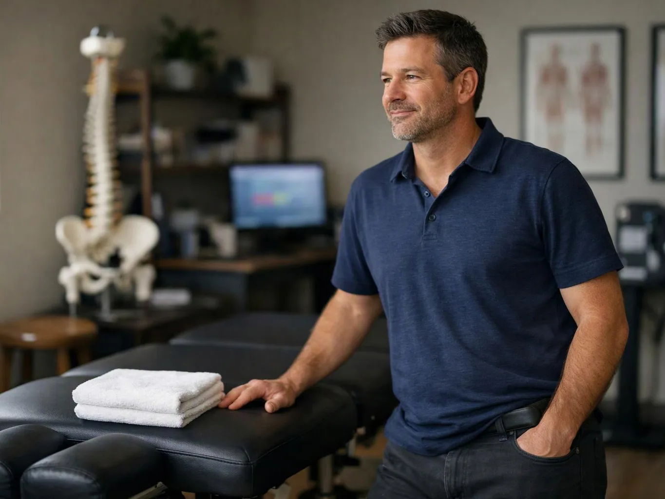 A man in a navy polo stands beside a treatment table with folded towels in a therapy room