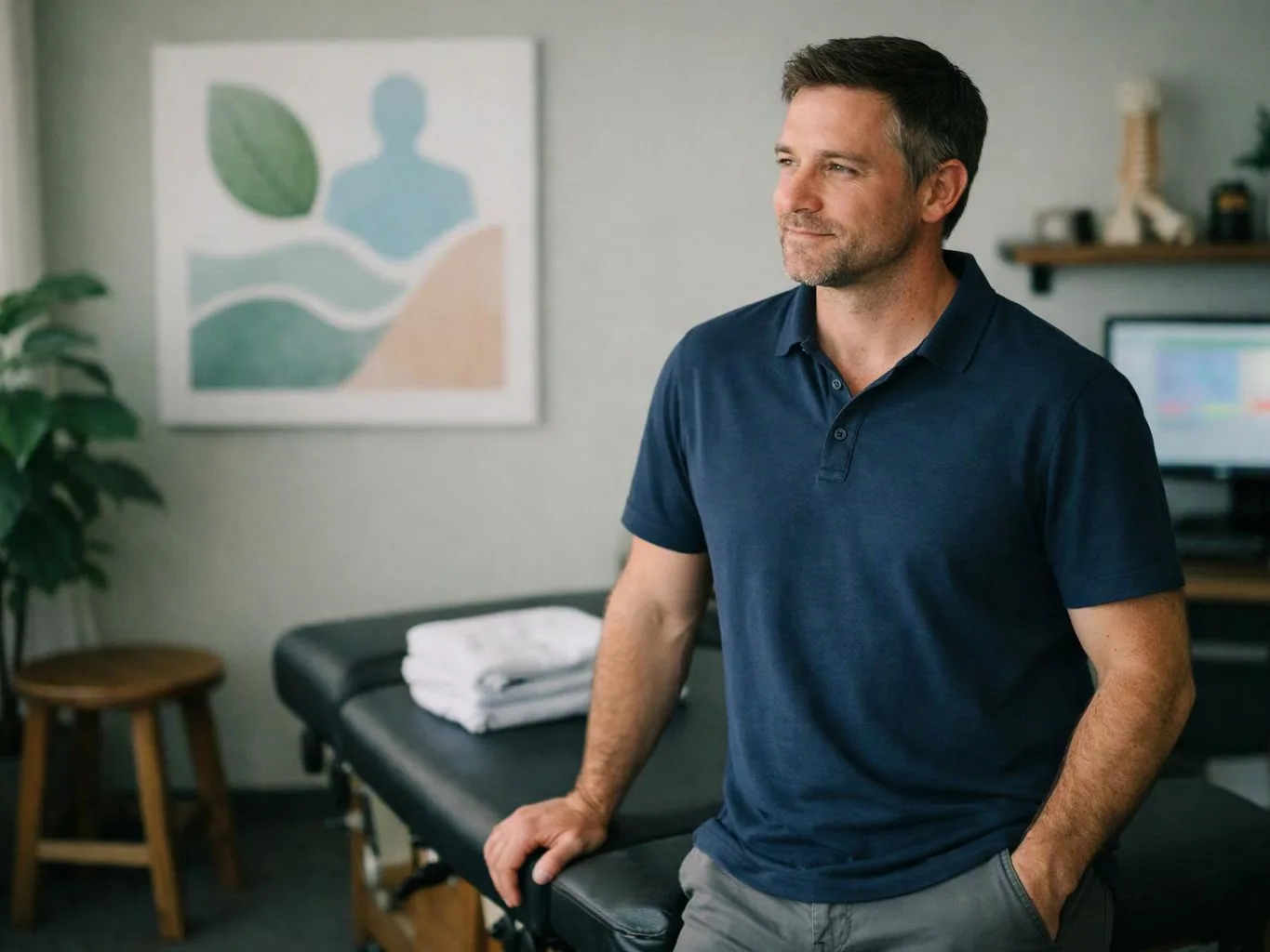 A man in a navy polo stands beside a treatment table in a calm room with a plant and wall art
