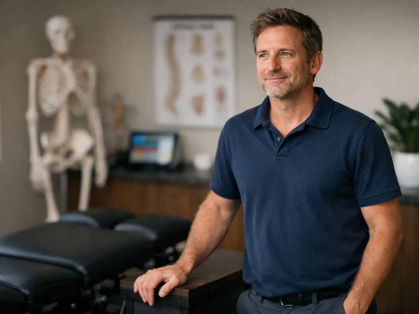 A man in a navy polo stands in a treatment room beside exam tables and a skeleton model
