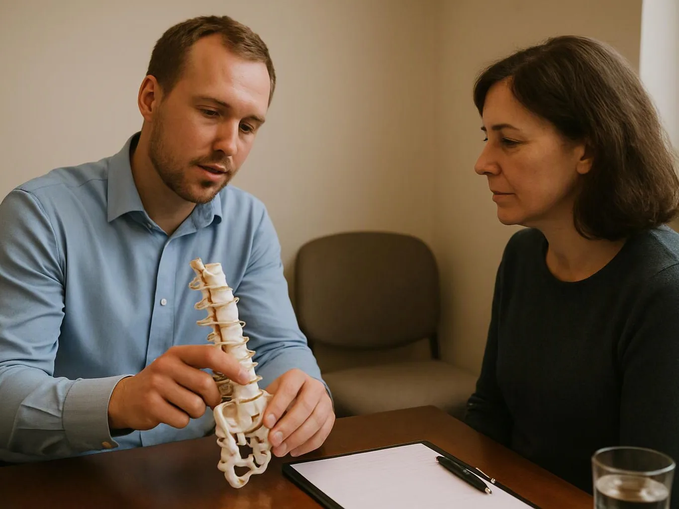 A man shows a spine model to a woman across a table in a small office room