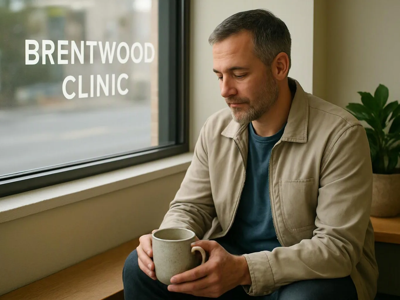 A man sits by a window holding a mug inside a clinic waiting area