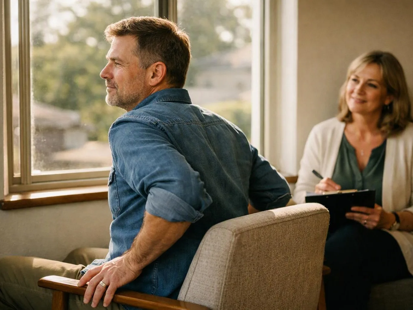 A man sits by a window while a woman smiles and takes notes on a clipboard nearby