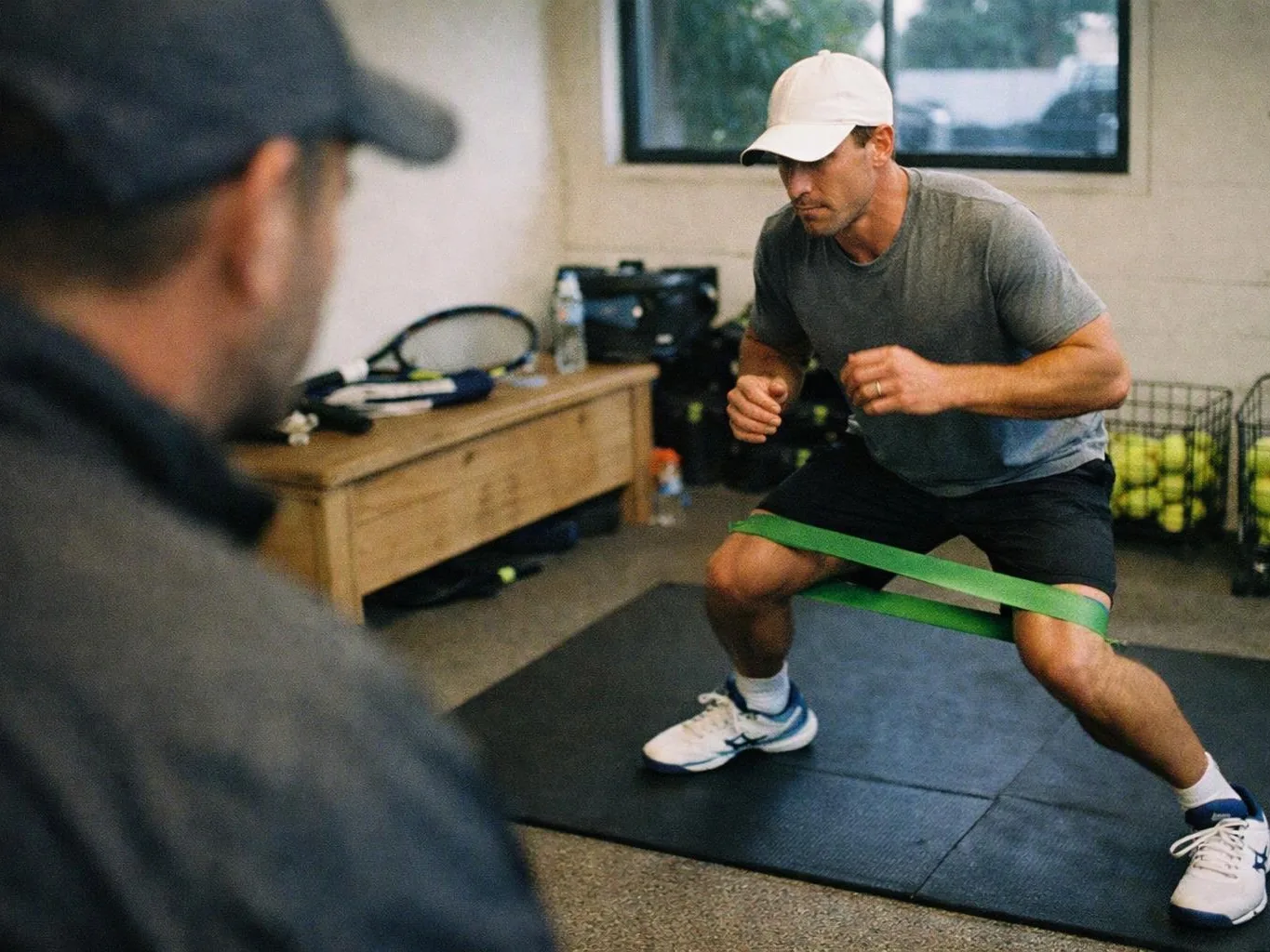 A man in a white cap does resistance band squats in a gym, with another person blurred in the foreground