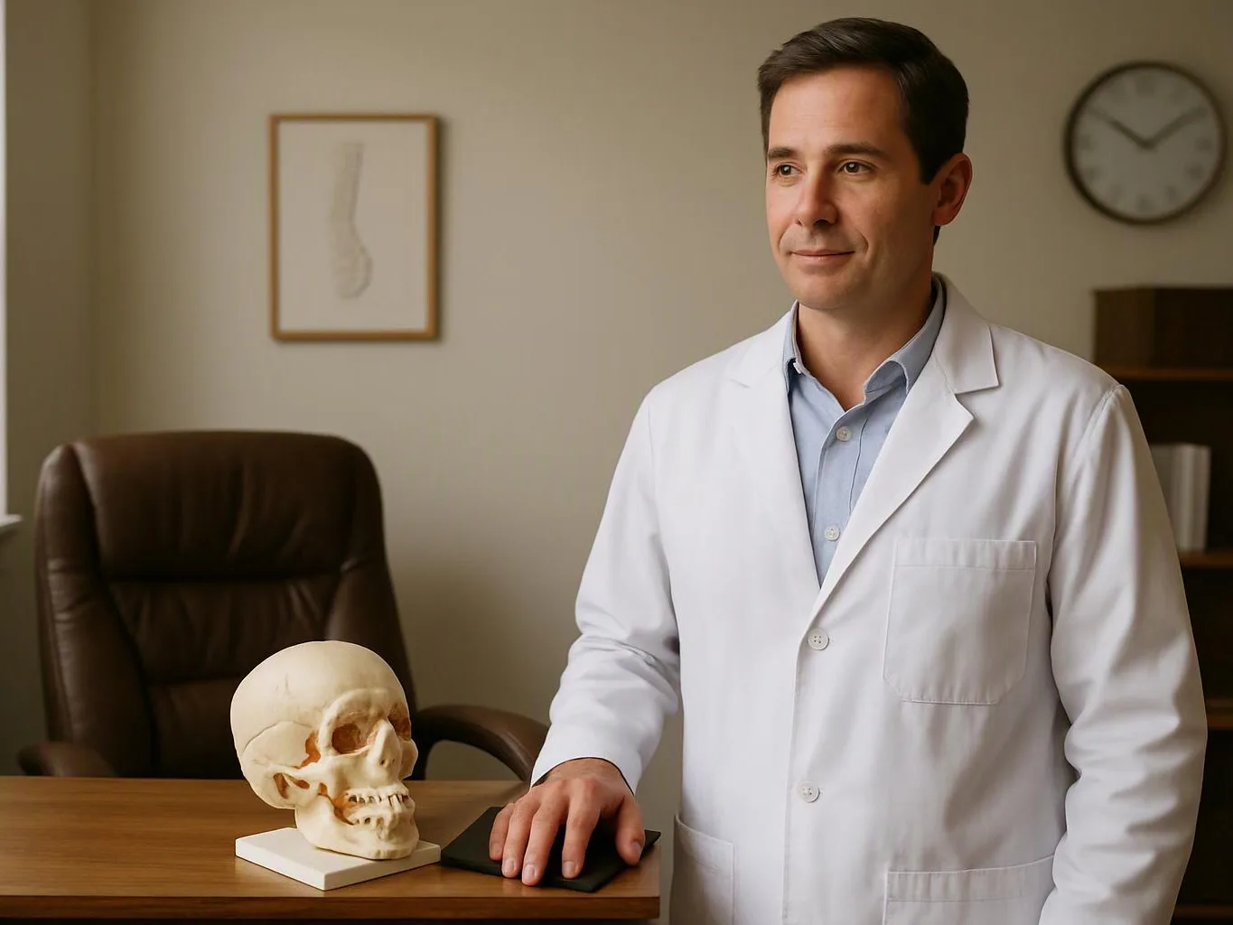 A man in a white lab coat stands beside a skull model in an office-like room