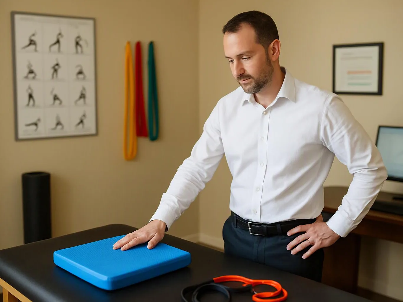 A man in a white shirt studies a blue foam pad on a treatment table in a clinic room