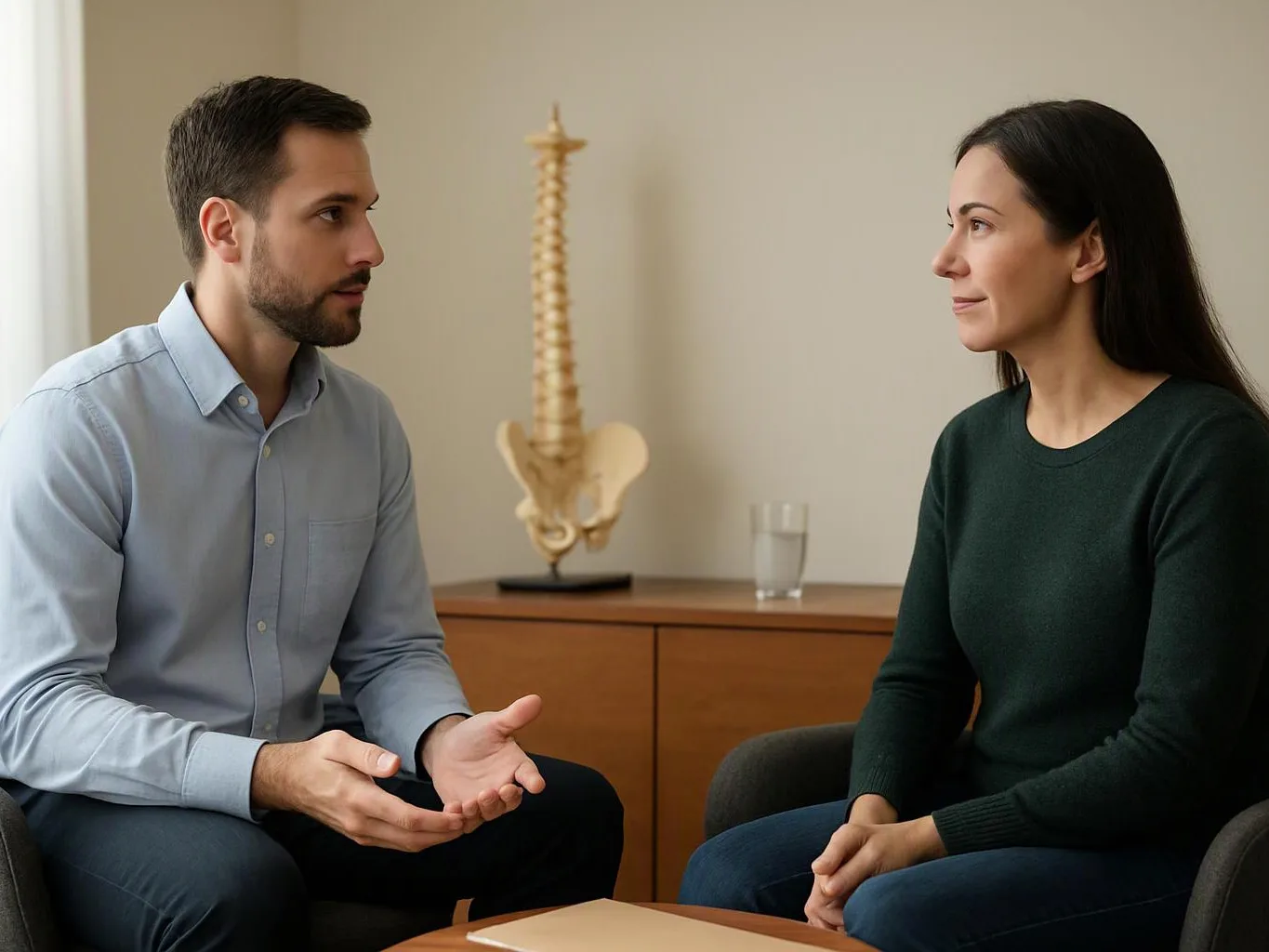 A man and woman sit facing each other in a quiet room, talking beside a spine model on a cabinet