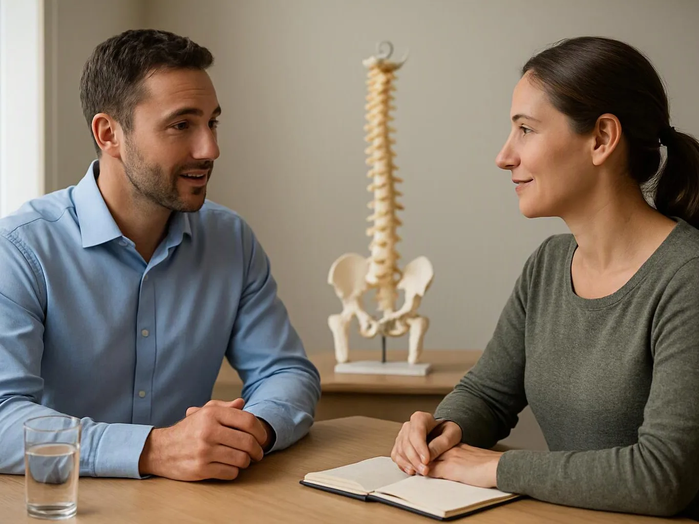 A man and woman sit at a table talking, with a spine model and notebook in a bright room
