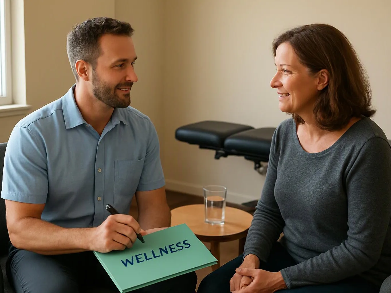 A man and woman smile during a conversation in a clinic room with a treatment table and water glass