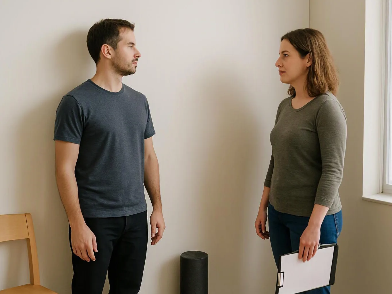 A man and woman stand facing each other in a bright room, with a chair, window, and clipboard visible