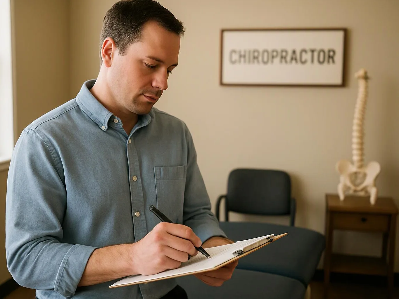 A man writes on a clipboard in a chiropractic exam room with a treatment table and spine model behind him