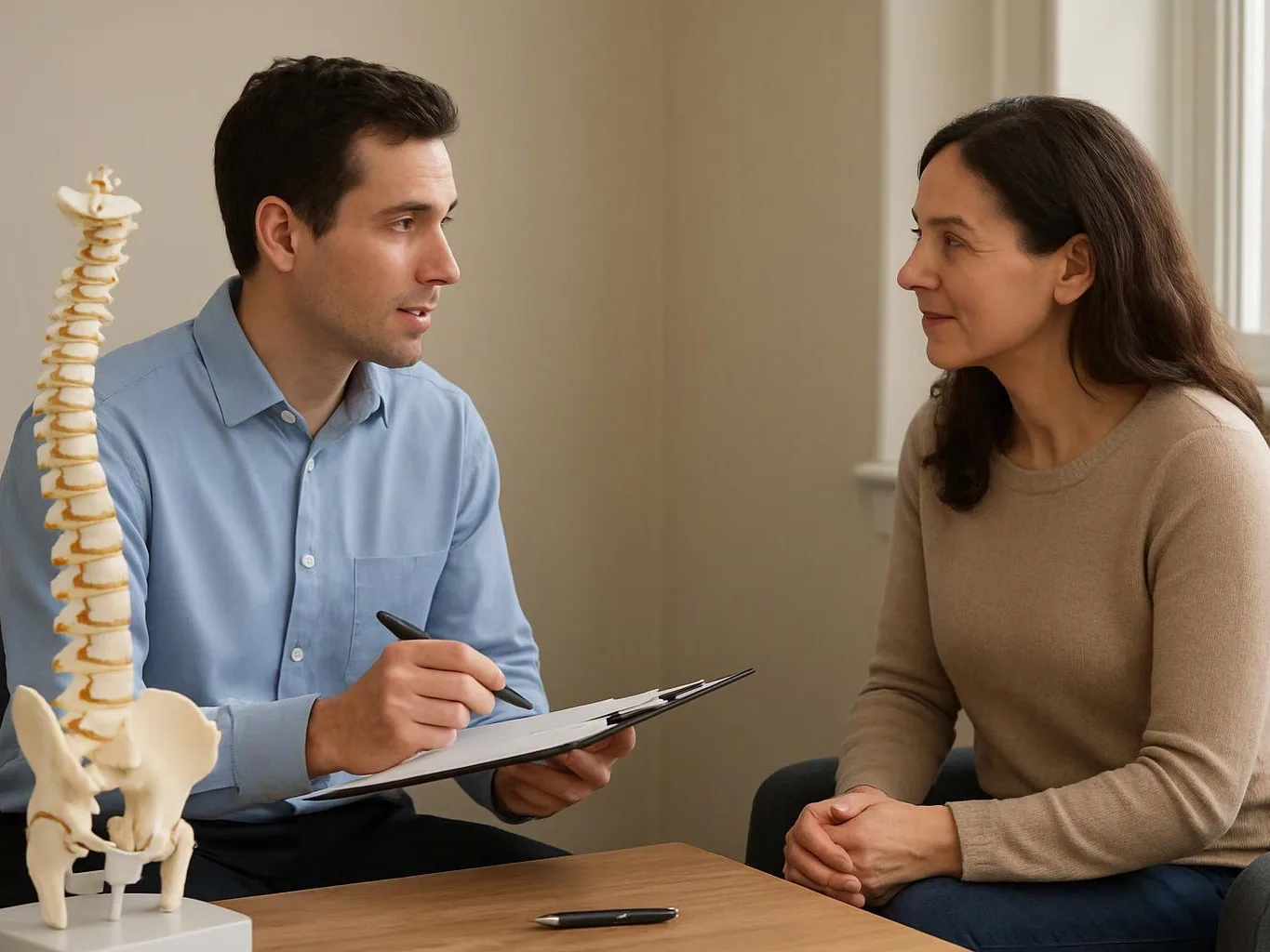 A man writes on a clipboard while talking with a woman beside a spine model in a clinic room