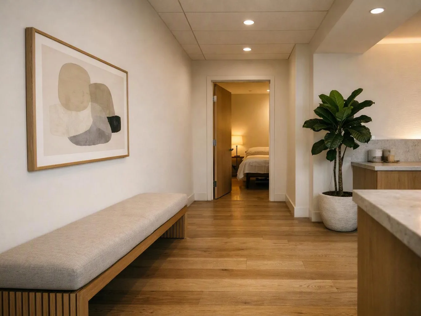 A minimalist hallway with wood floors, a bench, framed art, a potted plant, and an open doorway to a lit bedroom