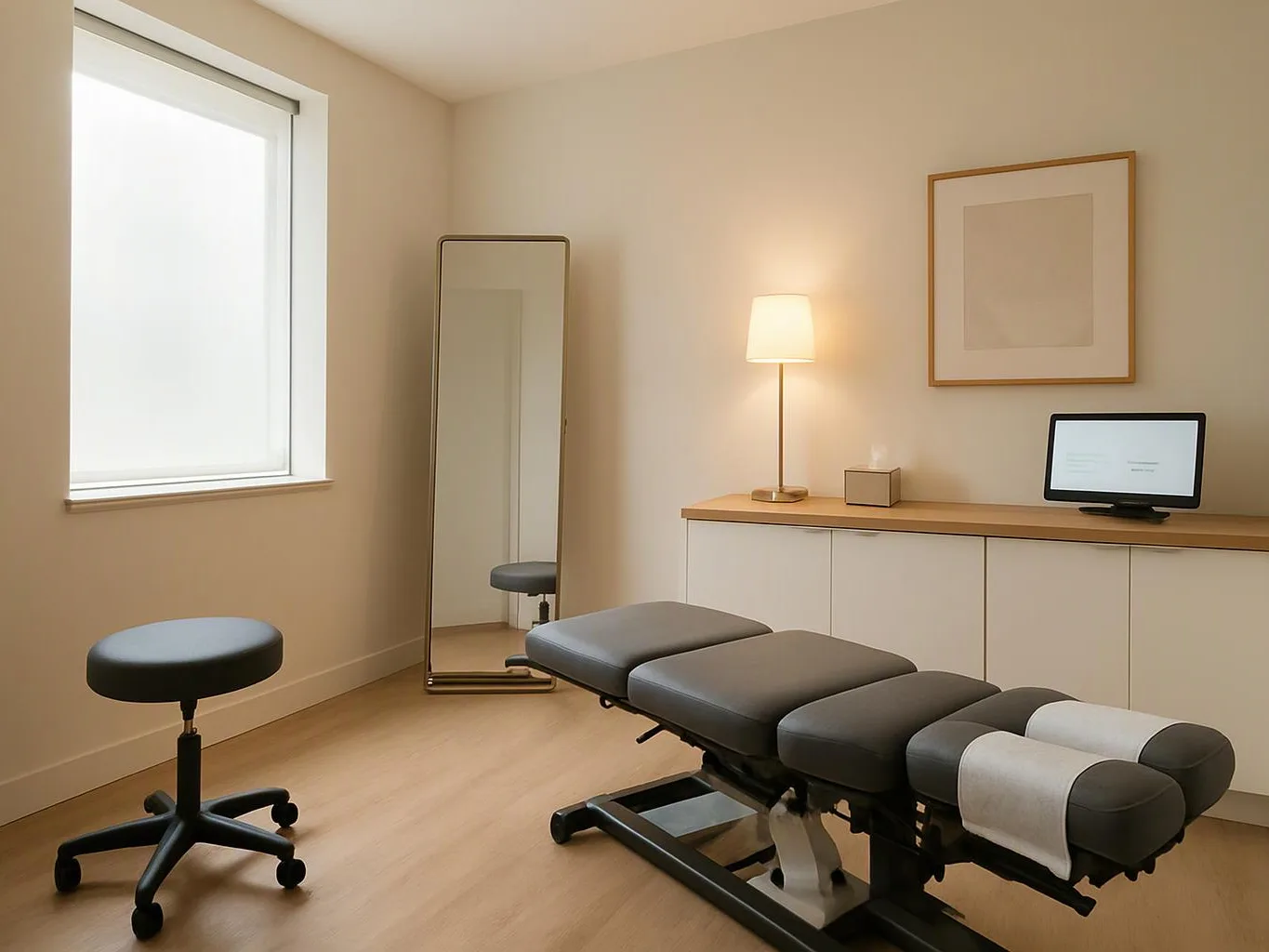 A minimalist treatment room shows a padded exam table, stool, floor mirror, lamp, and framed wall art