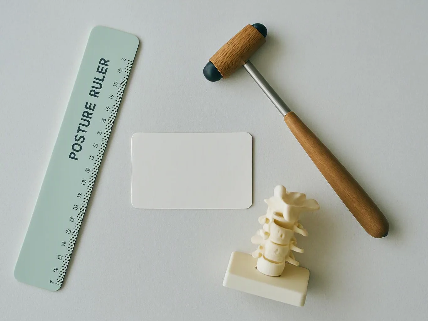 A mint ruler, blank card, wooden mallet, and small spine model lie on a light tabletop