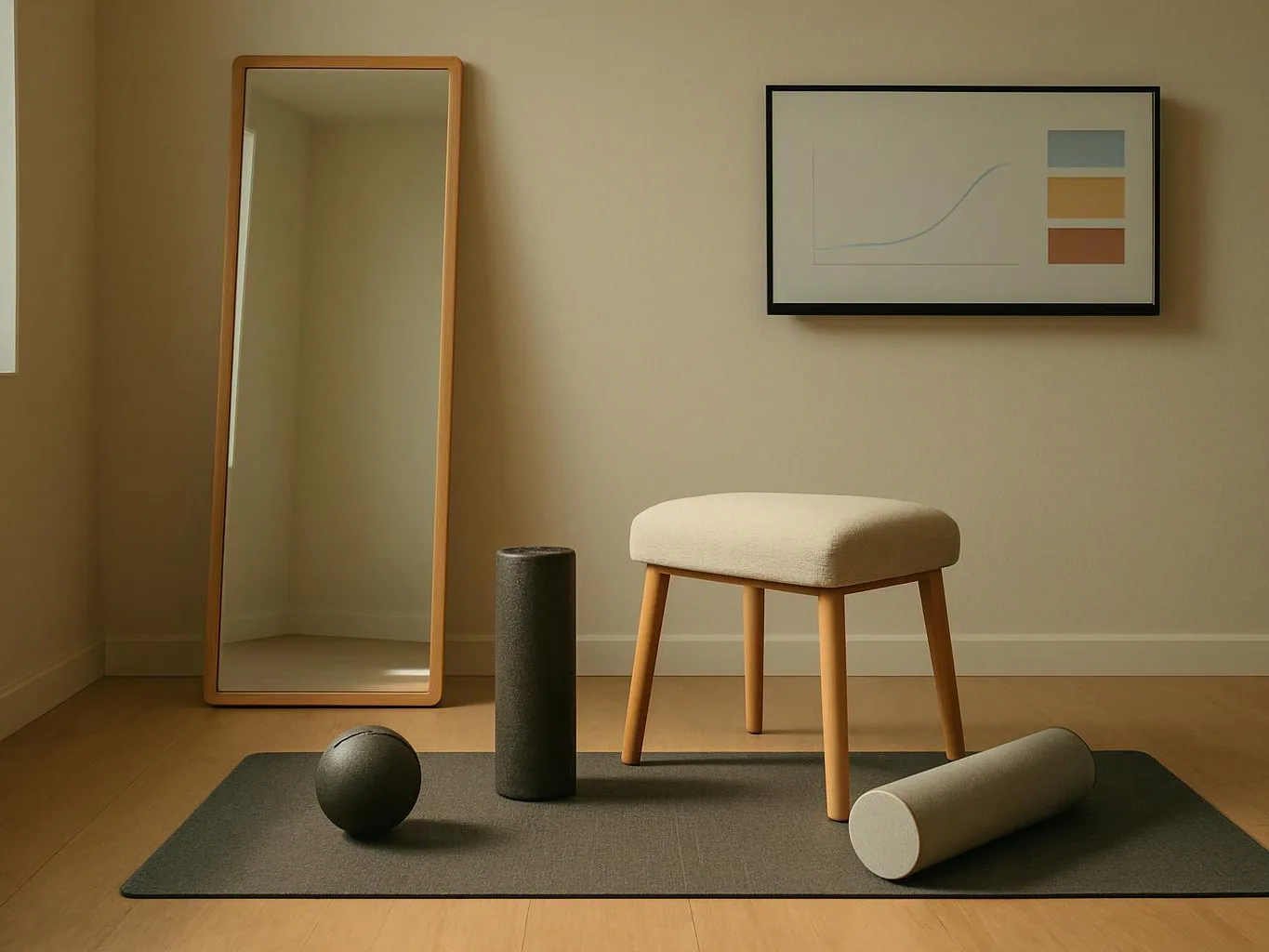 A mirror, padded stool, foam rollers, and a ball sit on a mat in a bare room