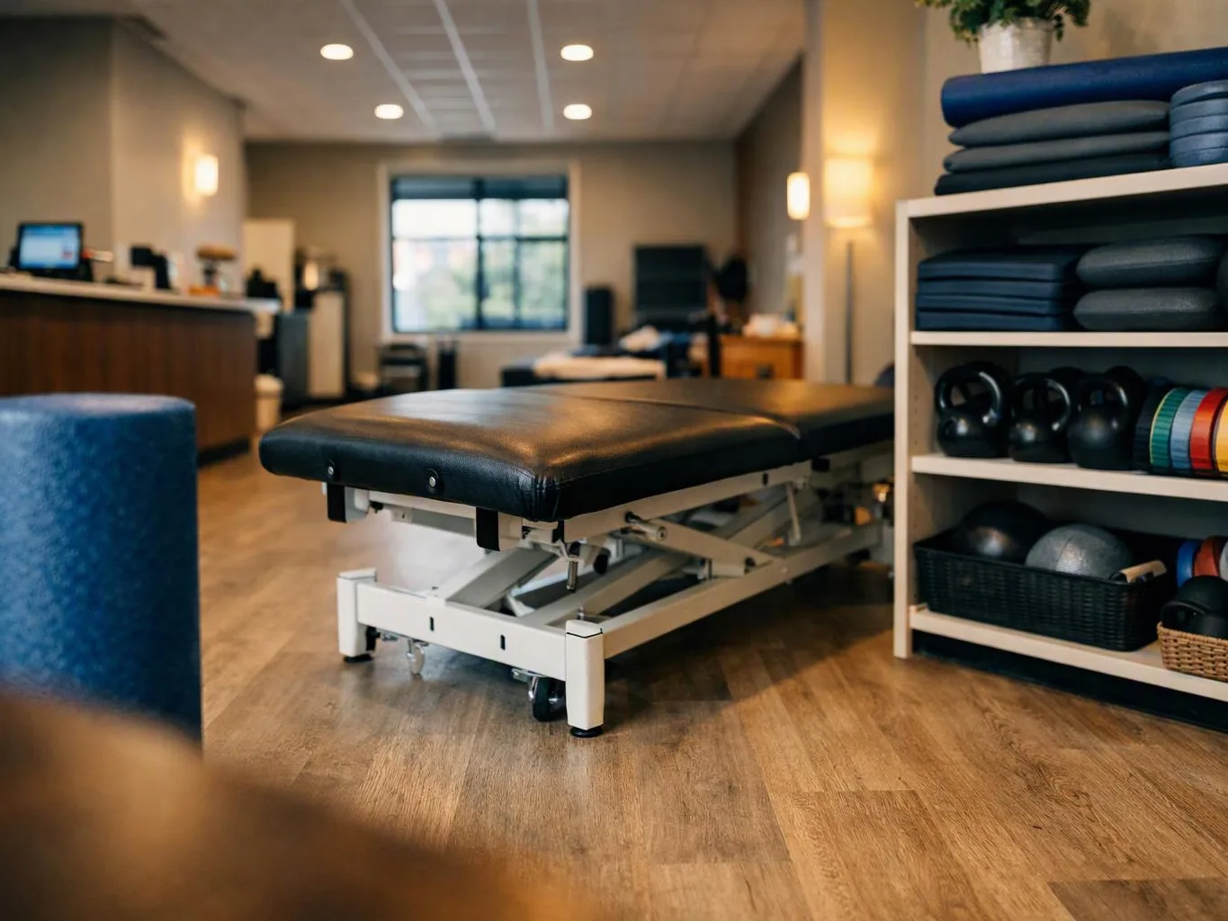 A padded treatment table sits in a quiet therapy room beside shelves of folded mats, kettlebells, and exercise balls
