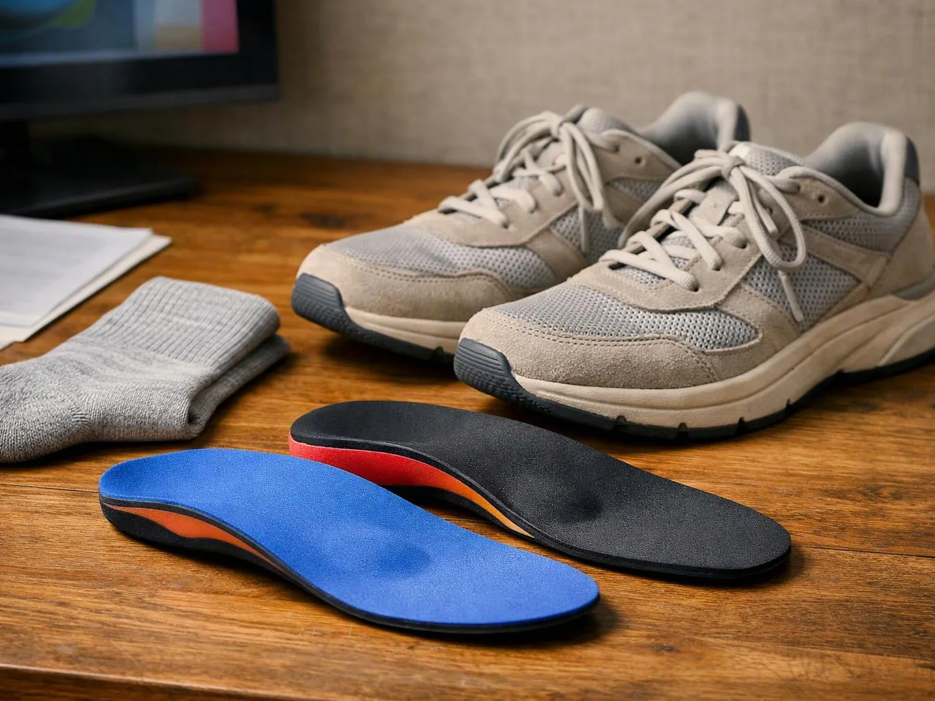 A pair of beige sneakers, folded gray socks, and two colorful shoe insoles rest on a wooden table