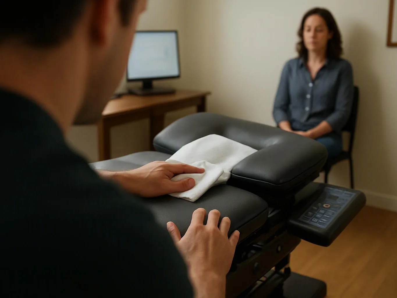 A person adjusts a padded treatment table while a seated woman waits in a small exam room