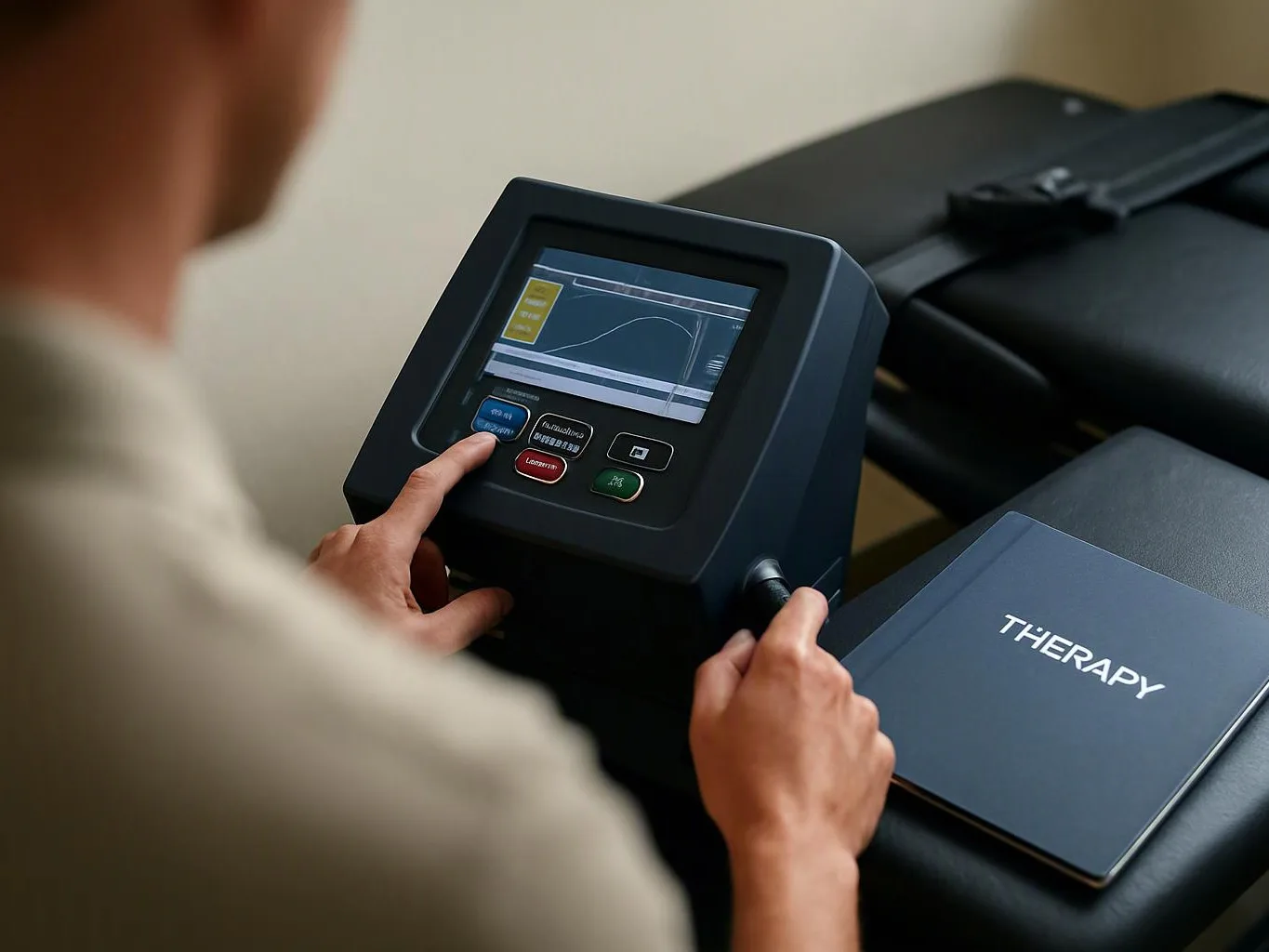 A person adjusts a therapy machine with a small screen beside a booklet labeled THERAPY