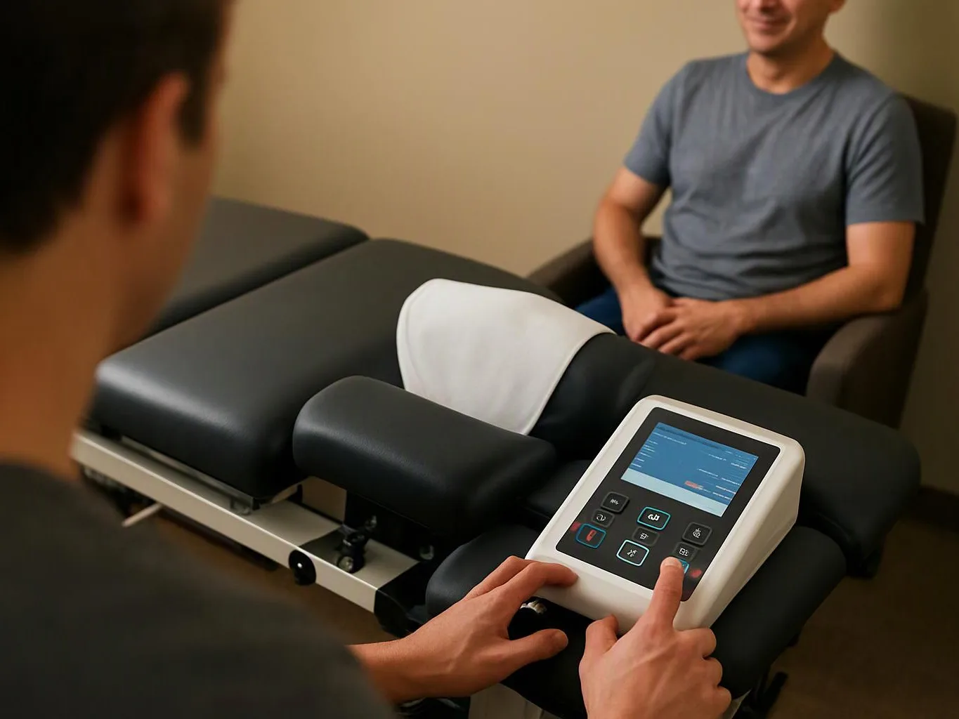 A person adjusts a therapy table device while another sits nearby in a small treatment room