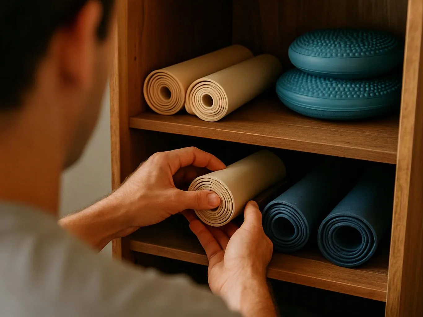 A person arranges rolled yoga mats on wooden shelves, with teal cushions stacked beside them