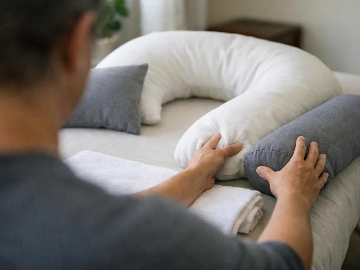 A person arranges a white U-shaped body pillow and gray cushions on a bed