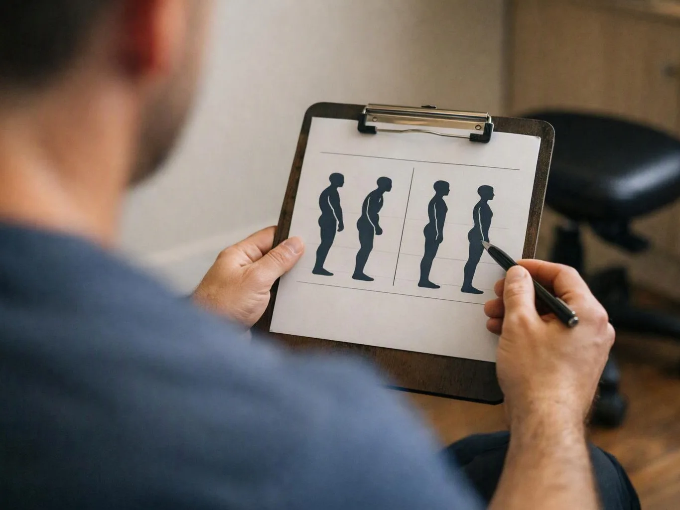 A person in a clinic holds a clipboard with side-view body silhouettes and points with a pen