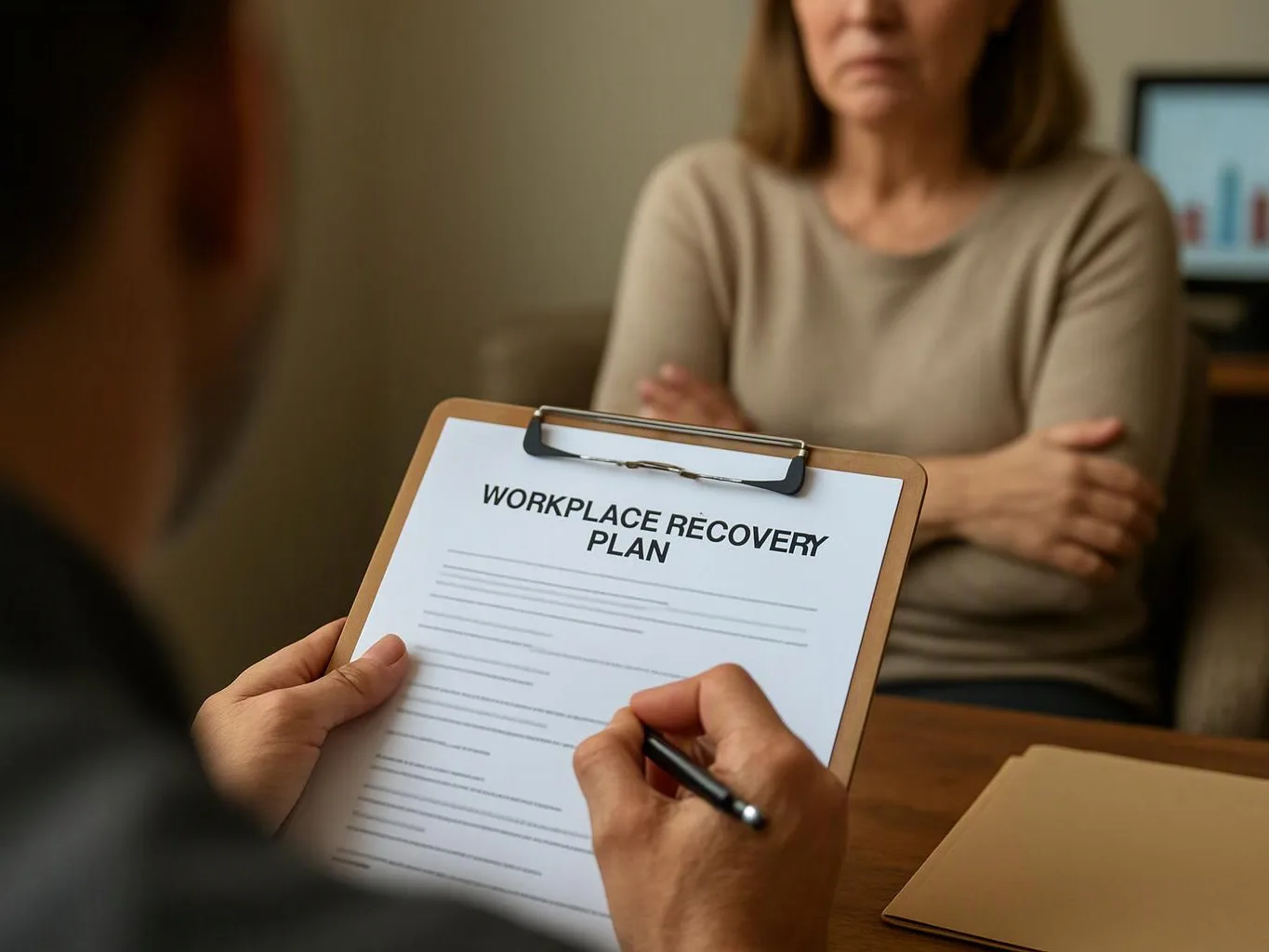 A person fills out a clipboard form labeled workplace recovery plan while speaking with a seated woman in an office