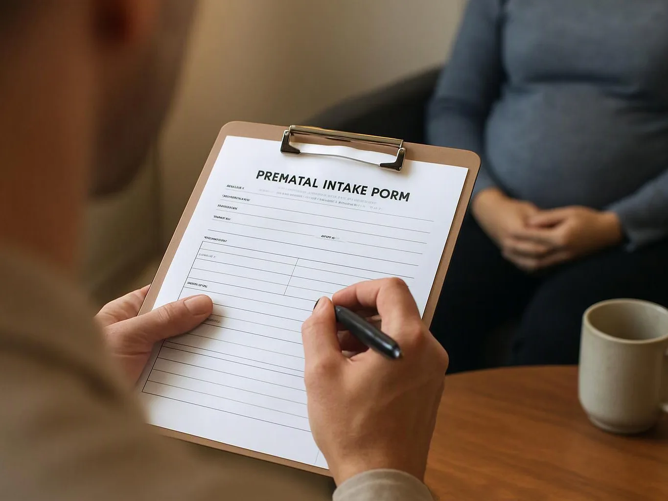 A person fills out a clipboard form while a pregnant woman sits nearby in a 상담 room