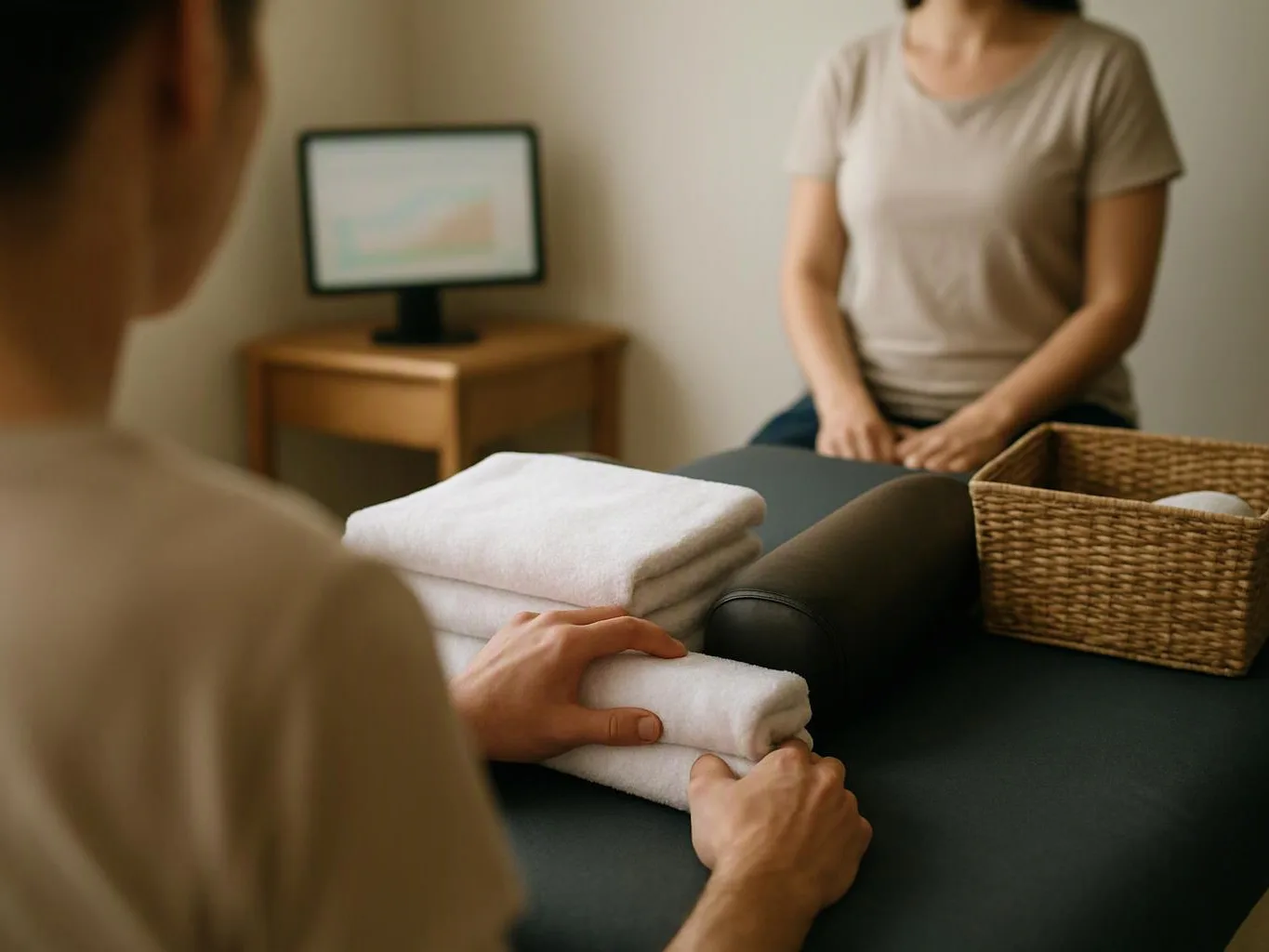 A person folds white towels on a massage table while another sits nearby in a calm room