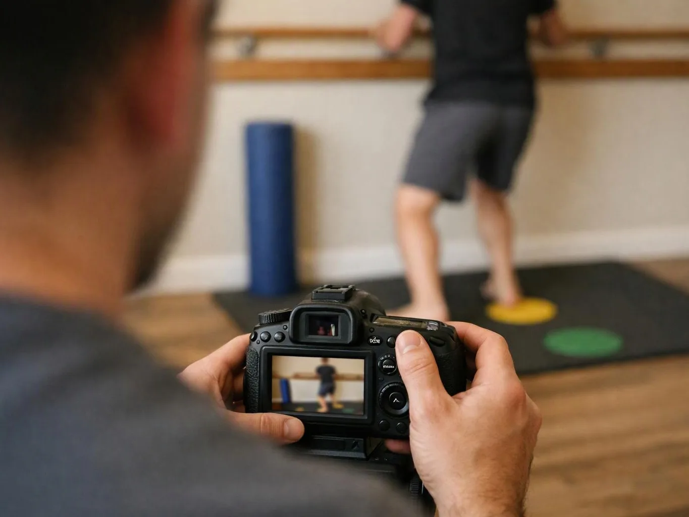 A person holds a camera, filming a barefoot man standing on colored floor markers in a studio room