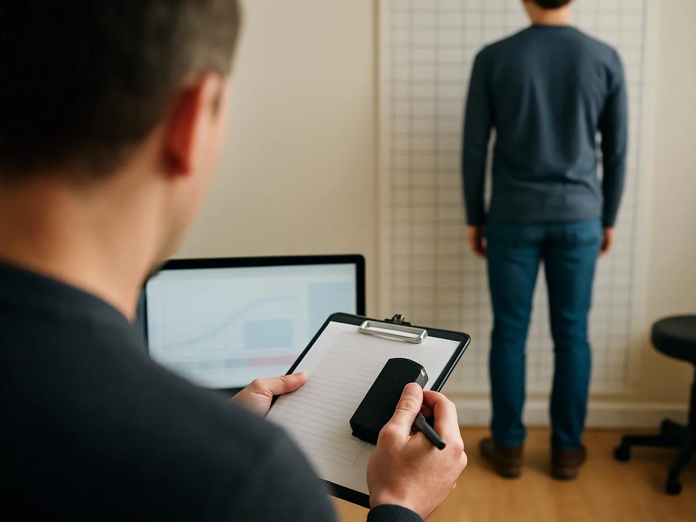 A person holds a clipboard and pen while facing another person standing by a grid wall in a room