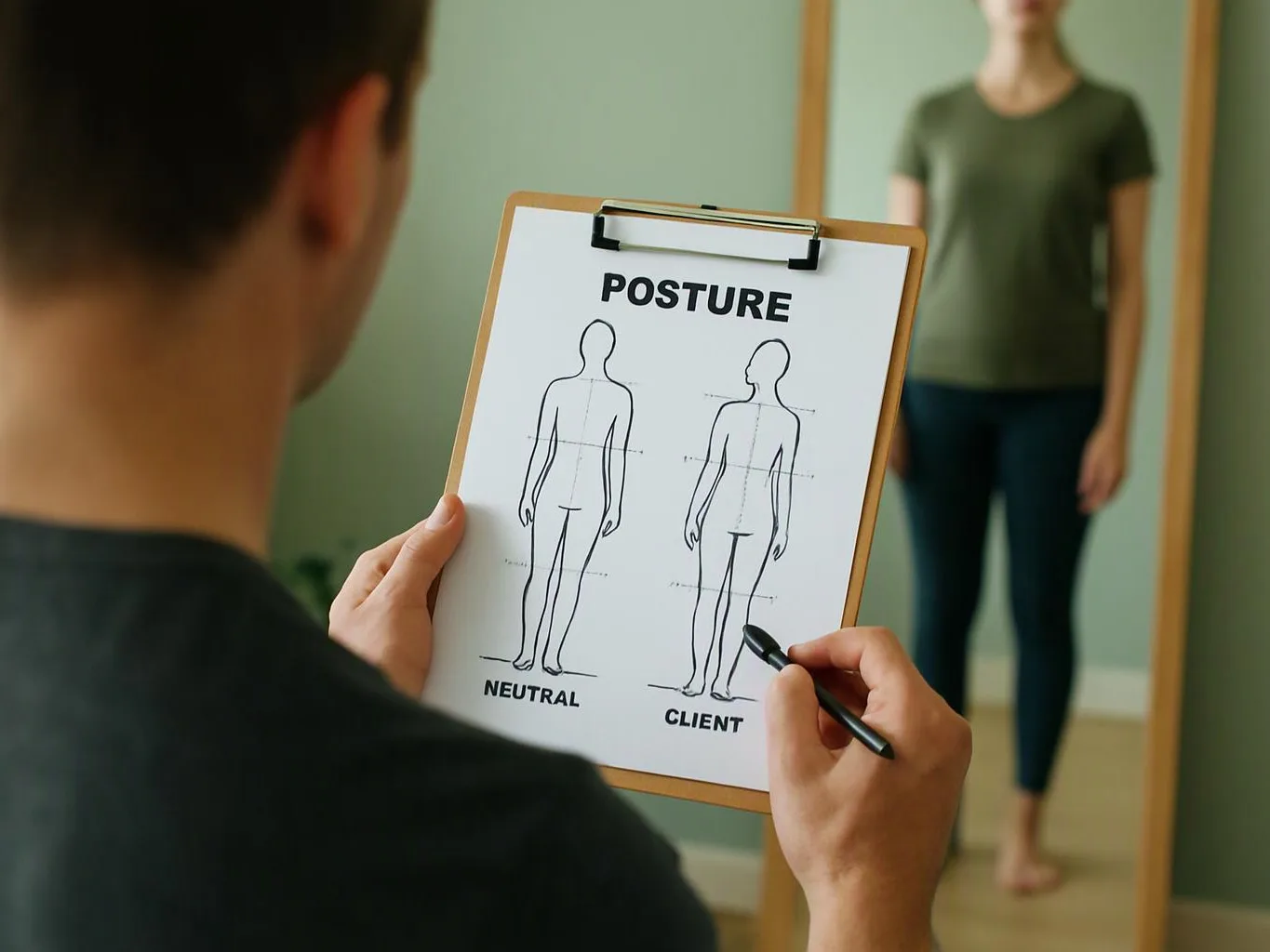 A person holds a clipboard with posture diagrams while another stands barefoot in front of a mirror