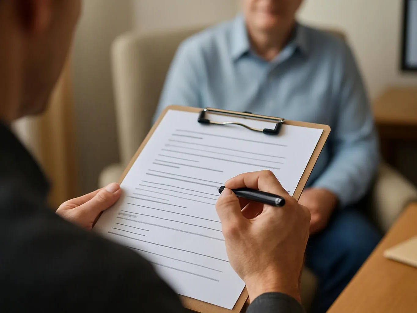 A person holds a clipboard and writes on a form while another person sits blurred in a chair nearby