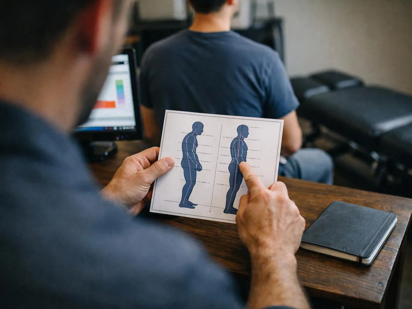 A person points to a body diagram card while another sits in a treatment room with a table and monitor