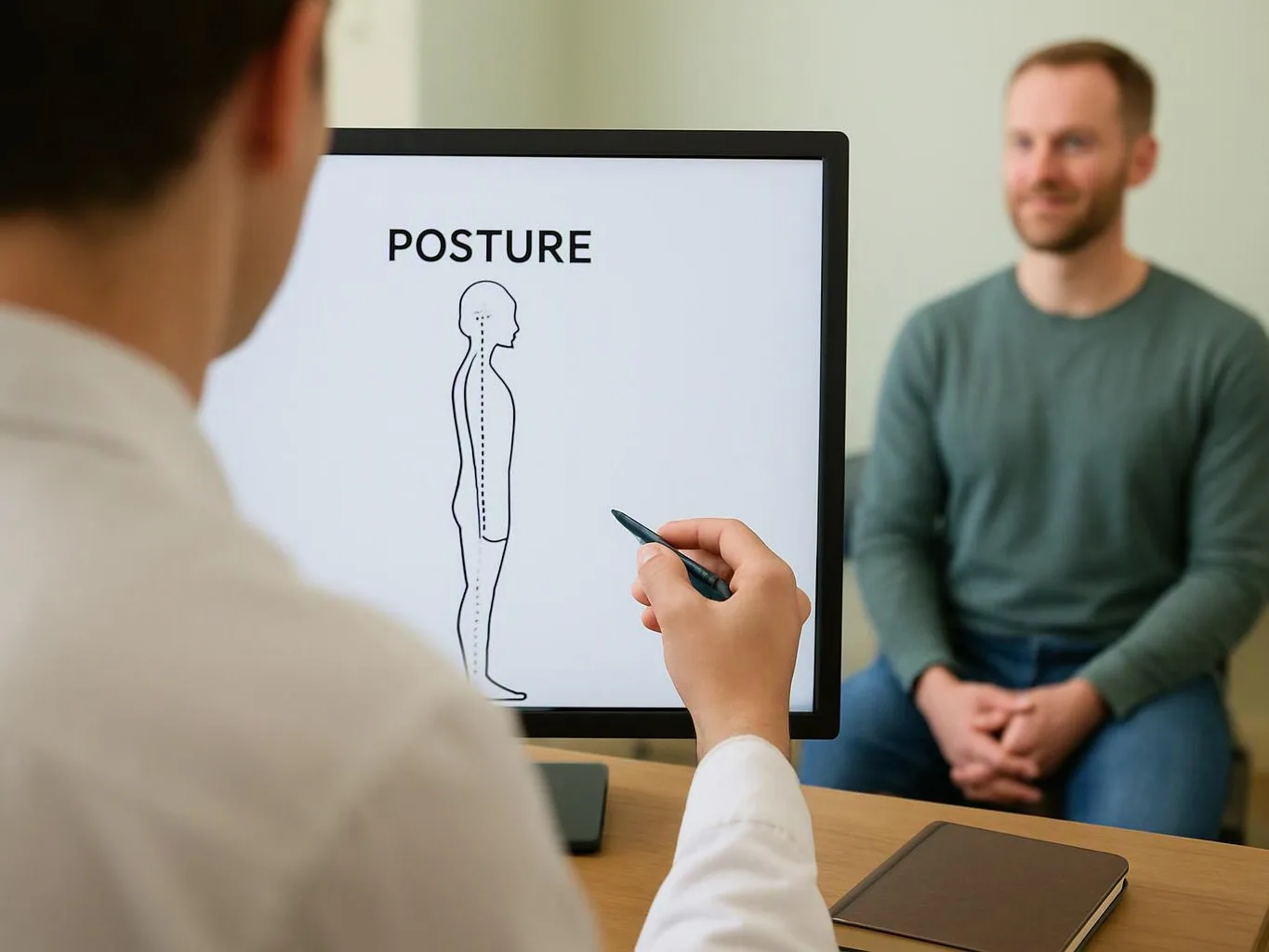 A person points at a monitor showing a posture diagram while another man sits across a desk